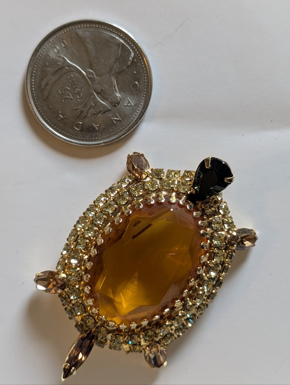 Vintage Turtle Brooch Amber Rhinestone Gold Tone Tortoise Pin Statement Jewelry - Picture 2 of 3